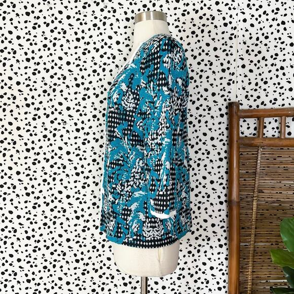 NEW Ming Wang | Blue Knit Black White 3/4 Sleeve Cardigan Work Jacket XS NWT - Picture 7 of 9